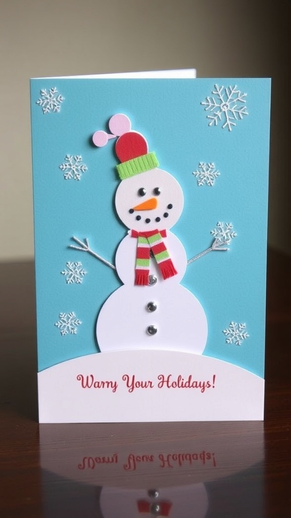 Handmade Layered Snowman Christmas Card Handmade layered snowman Christmas card with colorful scarf and hat, decorated with snowflakes.